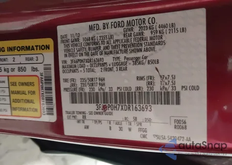 2013 Ford Fusion Se z USA, uszkodzony, nr VIN 3FA6P0H7XDR163693